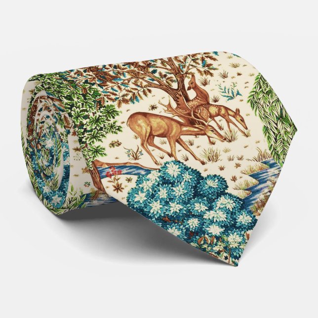 Gravata William Morris Deer por Brook Beige e Blue (Rolled)