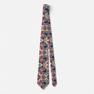 Gravata Xadrez Azul Cor-De-Rosa Floral Monograma