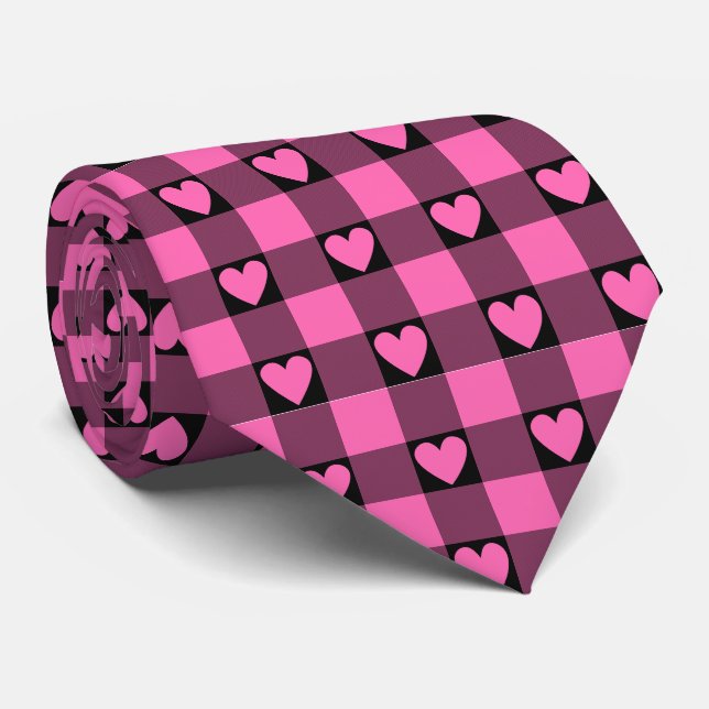 Gravata Xadrez com Coração Preto Rosa (Rolled)