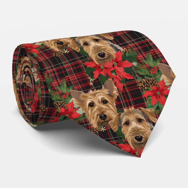 Gravata Xadrez de Natal Airedale Vermelho Verde (Rolled)