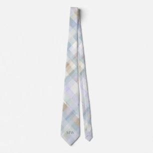 Gravata Xadrez Escocês Pastel Monograma Azul Creme Pó