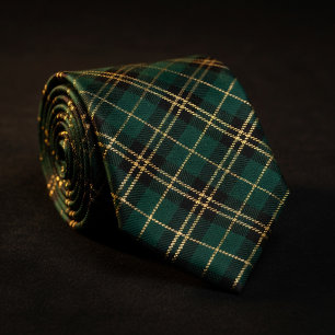 Gravata Xadrez Escocês Verde Floresta e Dourado