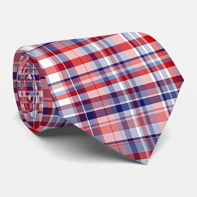 Gravata Xadrez Red, White, Blue Preppy Madras (Rolled)