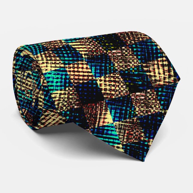 Gravata Xadrez sujo e efeito arranhado, azul e amarelo (Rolled)