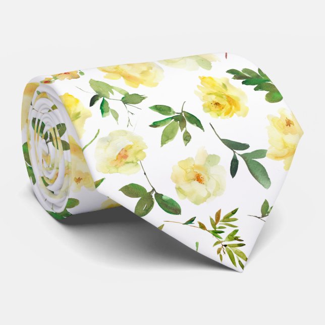 Gravata Yellow and White Cream Roses Neck Tie Necktie (Rolled)