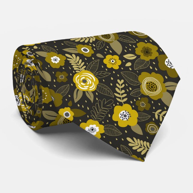 Gravata Yellow black elegant ditsy floral pattern (Rolled)