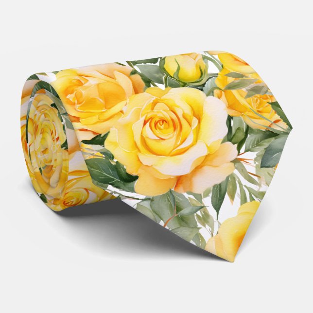 Gravata Yellow Roses Classic Formal Floral Neck Tie (Rolled)