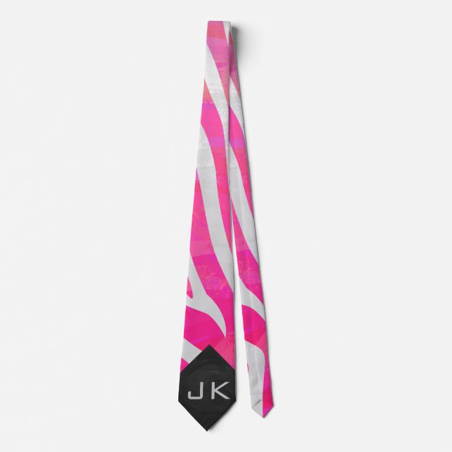 Gravata Zebra rosa-quente e branca com monograma (Frente)