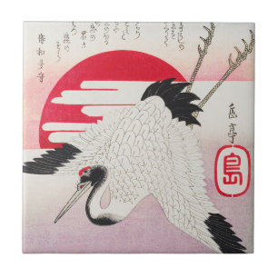 Grave Japonês Vintage Grou Sol Vermelho Xilogravur