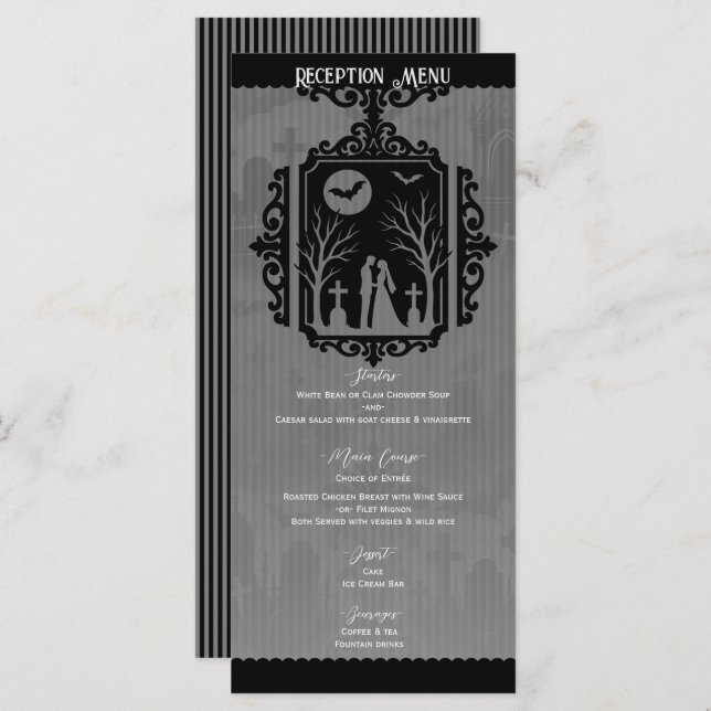 Graveyard Vows Black & Cinza Gothic Weding Menu (Frente/Verso)