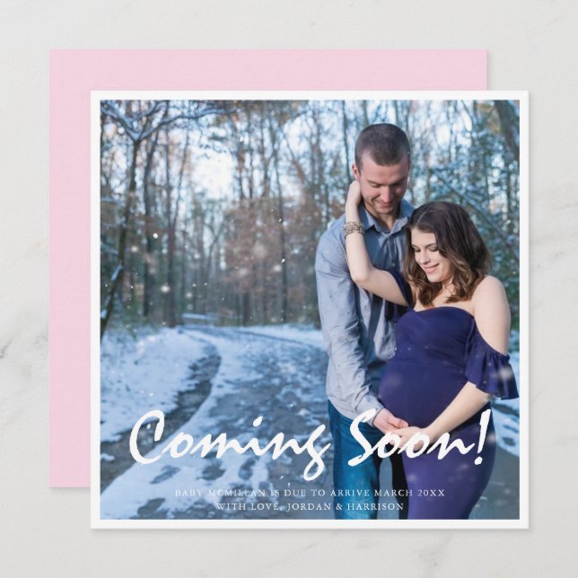 Gravidez Fotográfica em breve Anúncio de bebê rosa (Frente/Verso)