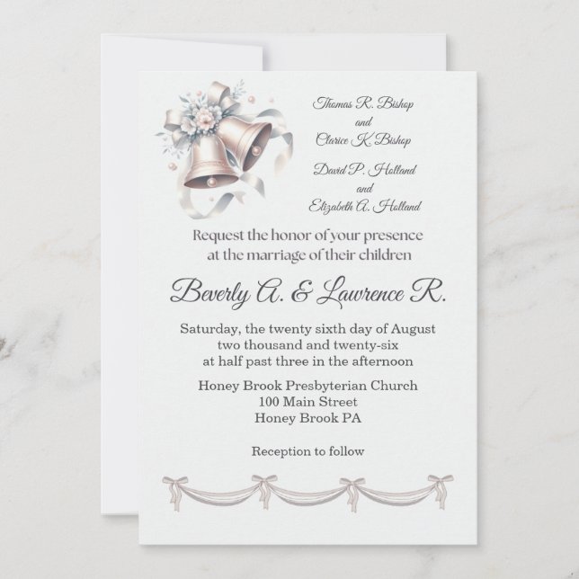 Gray and Pink Bells Wedding Invitation (Frente)