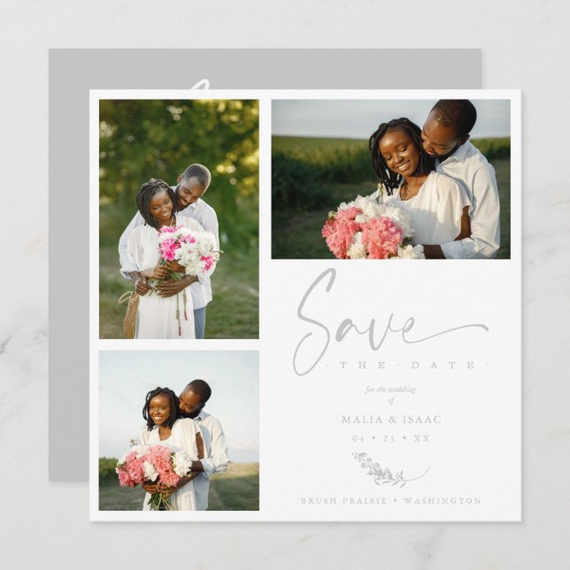 Gray Trendy Branches Wedding Save Date 3 Photos (Frente/Verso)
