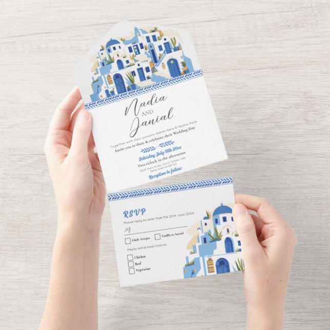 Grécia Santorini Casamento Grego Convite e RSVP (Aba destacável)