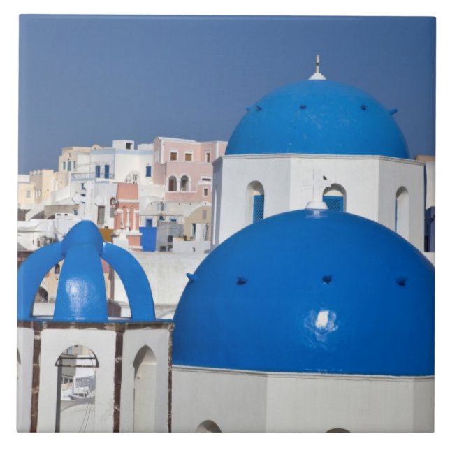 Grécia, Santorini. Torre sineira e cúpulas azuis d (Frente)