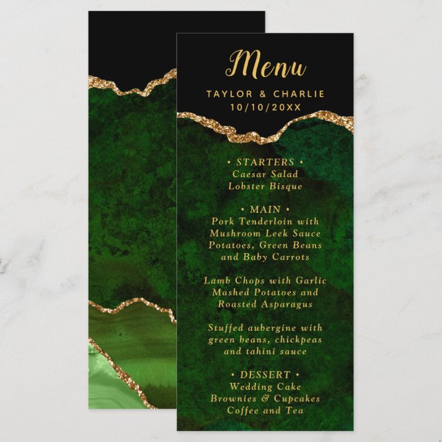 Green and Gold Agate Wedding Menu (Frente/Verso)