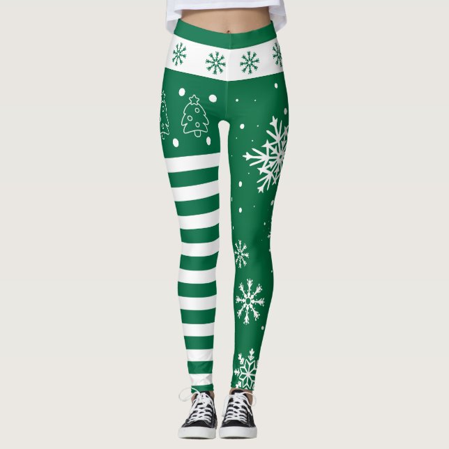 Green and White Christmas Leggings with Snowflakes (Frente)