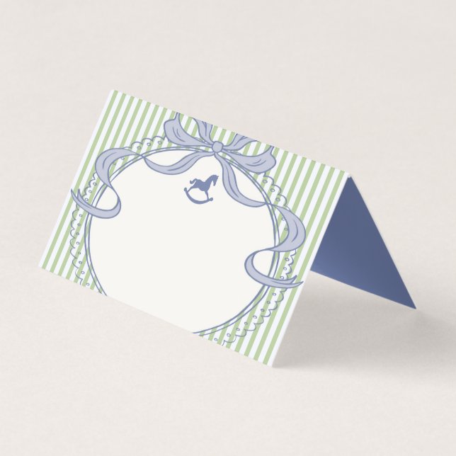 Green & Blue Coquette Bow Rocking Horse Place Card (Frente)