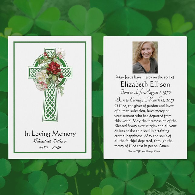 Green Celtic Cross Rosa Funeral Memorial Prayer (Green Celtic Cross Funeral Memorial Prayer Cards with roses)