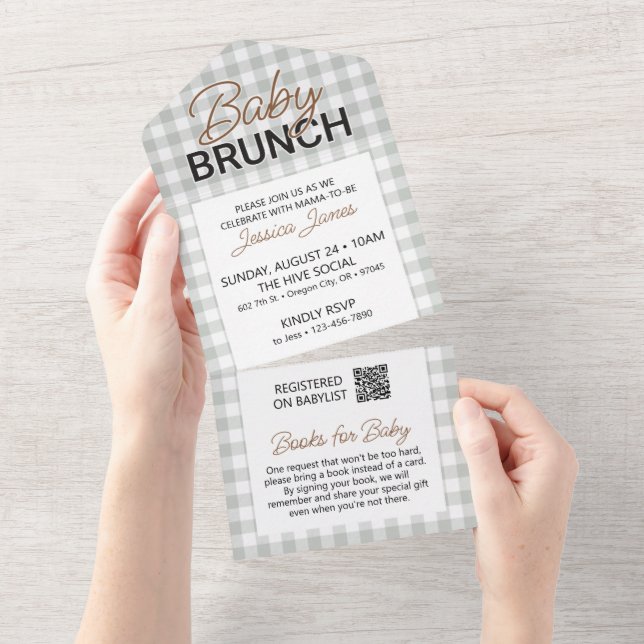Green Checker Baby Brunch Invite with Book Card (Tearaway)