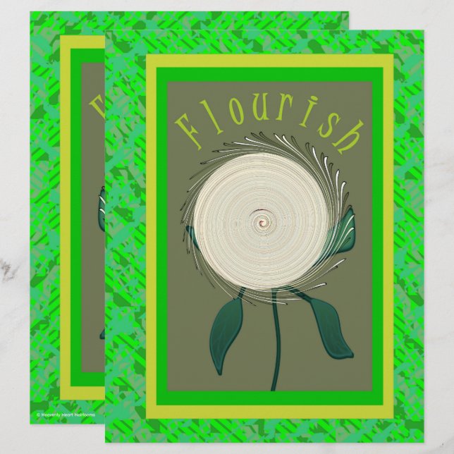 Green Flourish Flower Scrapbook Paper 2-Sided Page (Frente/Verso)