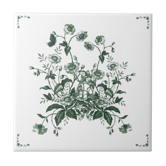 Green Flower Bush Toile Inspired Decorative Tile (Frente)