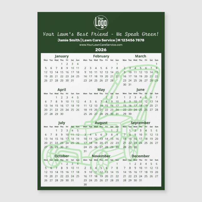 Green Garden Maintenance Magnetic 2026 Calendar (Frente)