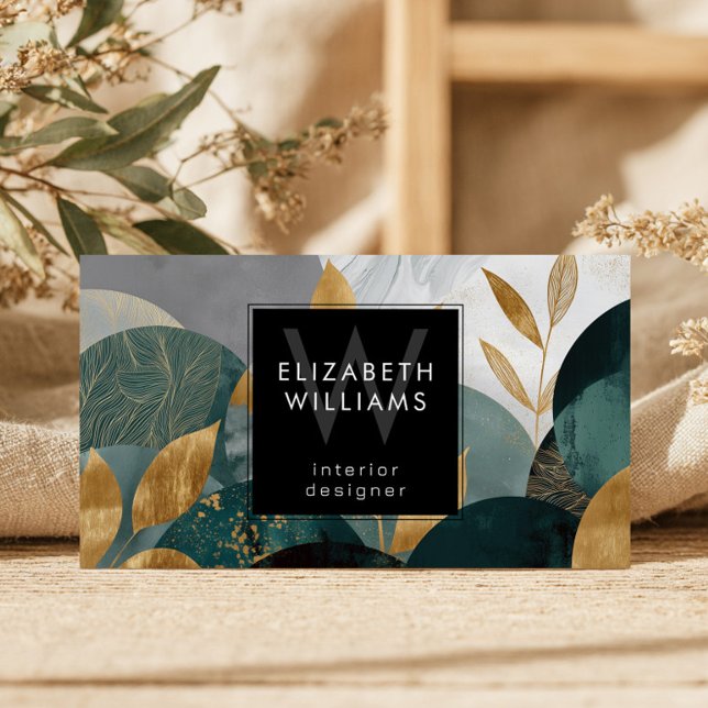 Green Gold Abstract Leaves Monogram Business Cards (Criador carregado)