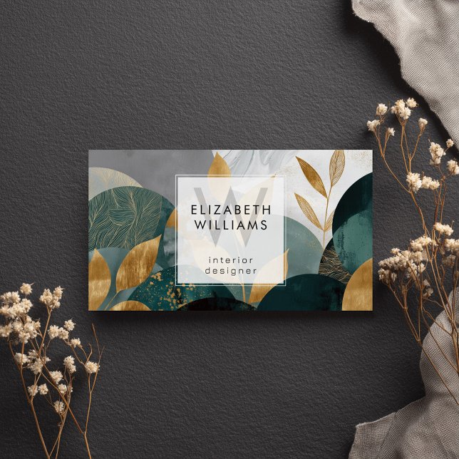 Green Gold Abstract Leaves Monogram Business Cards (Criador carregado)