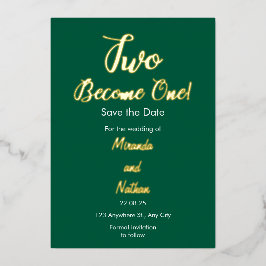 Green & Gold Two Become One Foil Wedding Invitatio