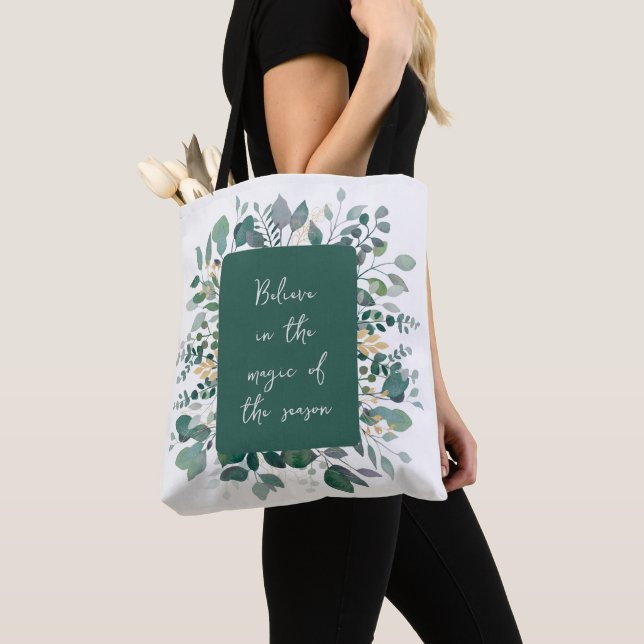 Green Gold Watercolor Botanical Seasonal Tote Bag (Close Up)