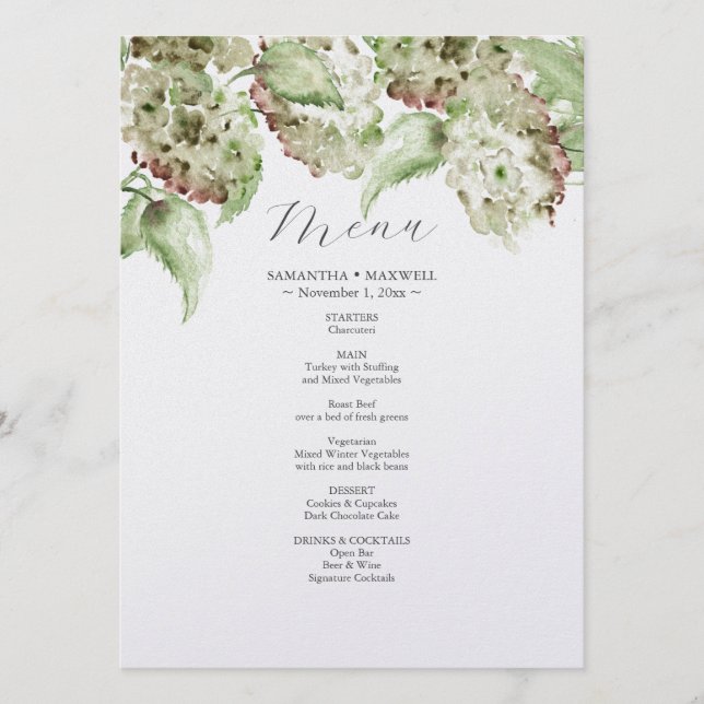 Green Hydrangea Wedding Decor Menus (Frente)