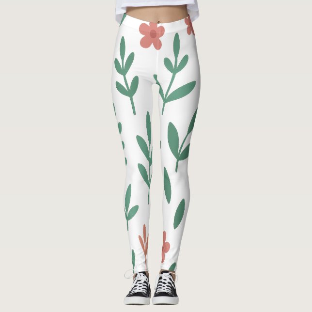 Green Leaf and Pink Flower  Pattern Legging (Frente)
