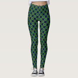 Green leafy pattern with blue petals Leggings
