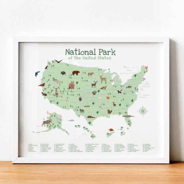 Green National Park Map Woodland Nursery Impressão (Green National Park Map Woodland Nursery Print)