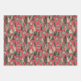 Green Pink Grey Christmas Forest Village