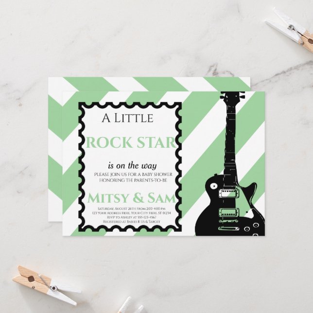 Green Rock Star Rock a Bye Chá de fraldas Convite (Frente/Verso In Situ)