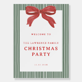 Green Stripe Red Bow Christmas Party Welcome Sign
