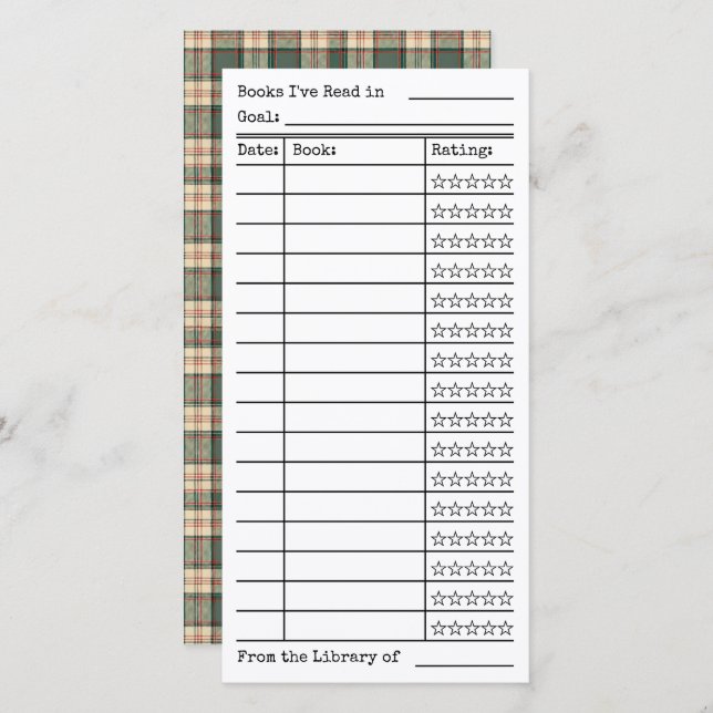 Green Tartan-Plaid Reading List Tracker Flat Card (Frente/Verso)