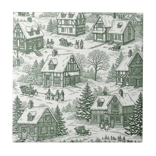 Green Toile Vintage Christmas Village Pattern (2) (Frente)