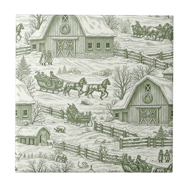 Green Toile Vintage Christmas Village Pattern (4) (Frente)