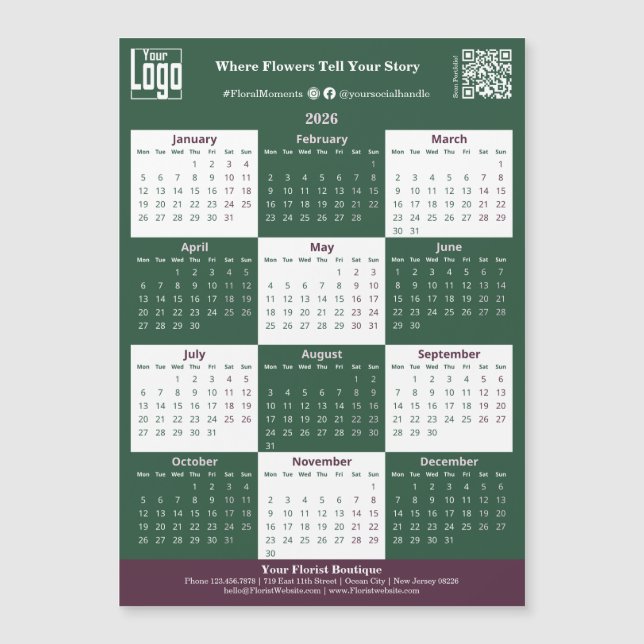 Green, White, Pink Your Logo 2026 Magnet Calendar (Frente)