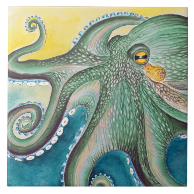 Green Yellow Octopus Watercolor Art (Frente)