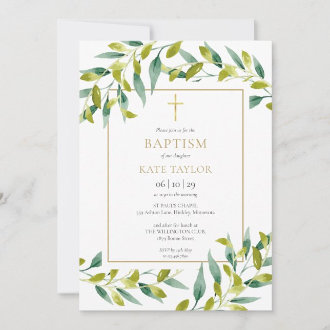 Greenerage Foliage Baptism Convite Christening (Frente)