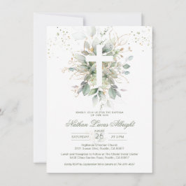 Greenerage Foliage Cross Baby Baptism Convite