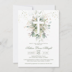Greenerage Foliage Cross Baby Baptism Convite