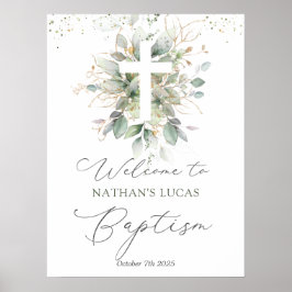 Greenerage Foliage Cross Baby Baptism Poster