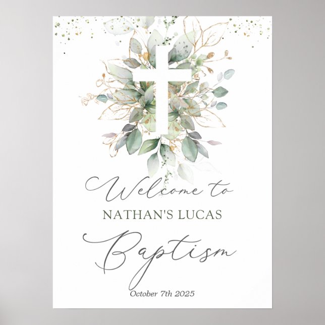 Greenerage Foliage Cross Baby Baptism Poster (Frente)