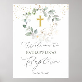 Greenerage Foliage Cross Baby Baptism Poster