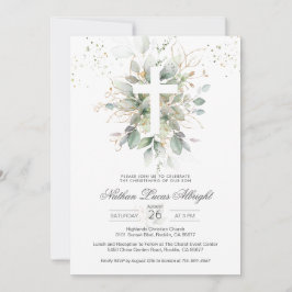 Greenerage Foliage Cross Baby Christening Convite